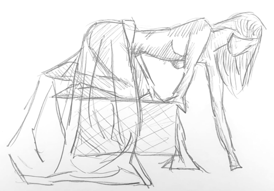 A quick sketch of a model posing on a box, covered in a sheer sheet.